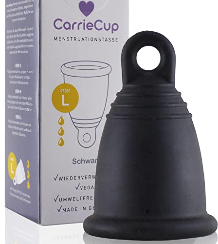 CarrieCup Menstruationstasse klein, Made in Germany inkl. Beutel - BPA-frei, Alternative zu Tampons und Binden, silikonfrei, Menstrual Cup schwarz