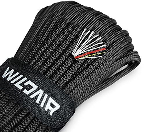 WILDAIR Paracord Survival Paracord Überlebensseile Parachute Fire Cord Survival Ropes 4-in-1 Military Typ III mit integrierter Angelschnur Fire-Starter Tinder (Schwarz, 25FT)