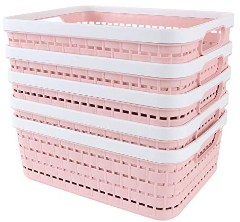 STARVAST 5 Stück Aufbewahrungskorb aus Kunststoff mit Griffen, kleine Aufbewahrungsbox Organizer, tragbarer Aufbewahrungskorb für Küche, Büro, Badezimmer – 286 x 220 x 110 mm, Rosa