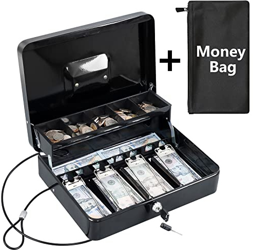 KYODOLED Cash Box with Money Tray, Key Lock Money Safe with Security Cable and Waterproof Bag, 11.81L*9.45W*3.54H inch, Black X Large