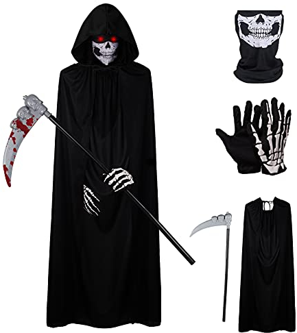 Herefun Sensenmann Kostüm, Halloween Kostüm Sensenmann mit Sense Schädelmaske Kostüme Set für Kinder Halloween Dekoration Cosplay Sensenmann Schwarz Umhang mit Kapuze