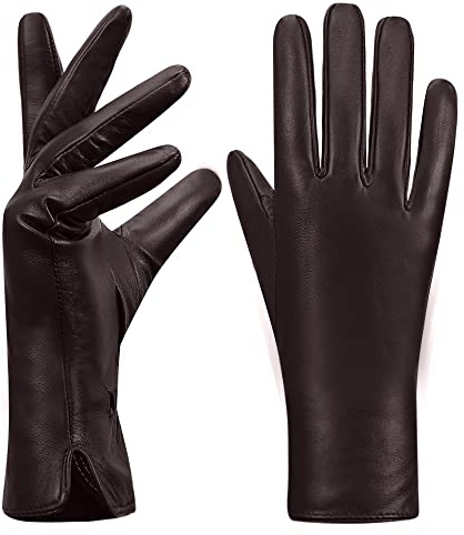 MGGMOKAY Damen Lederhandschuhe Touchscreen Kaschmir gefüttert,Braun,L