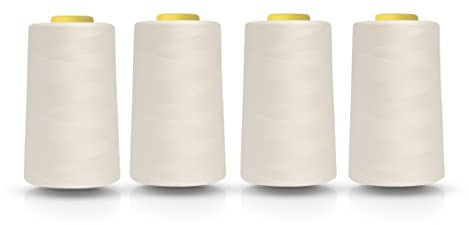 Realm Lot de 4 bobines de fil en polyester pour machine à coudre surjeteuse 4572 m Blanc noir naturel Bleu marine rouge gris (crème)