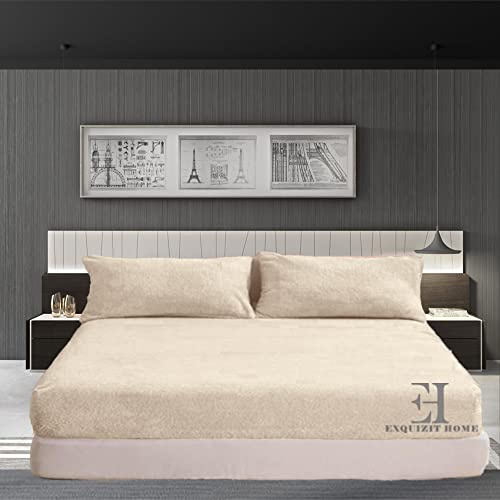 EXQUIZIT HOME® Teddy Fleece Extra Deep Fitted Sheet 30cm – Super Soft Teddy Bear Thermal Fitted Bed Sheet – Warm Cosy Winter Mattress Sheet (Cream Double – 135cm x 190cm)