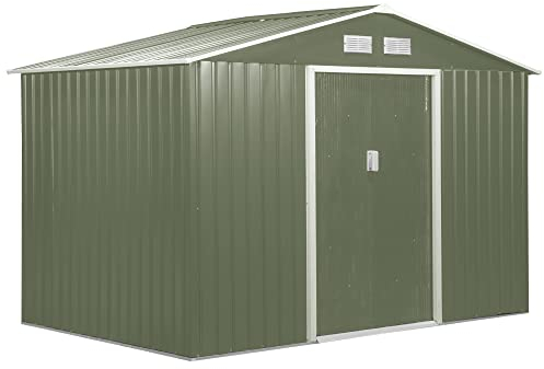Outsunny Casetta da Giardino 4.9 m² con Fondazione, 4 Prese d'Aria e 2 Porte Scorrevoli, Capanno Porta Attrezzi in Lamiera d'Acciaio, 277x195x192 cm, Verde