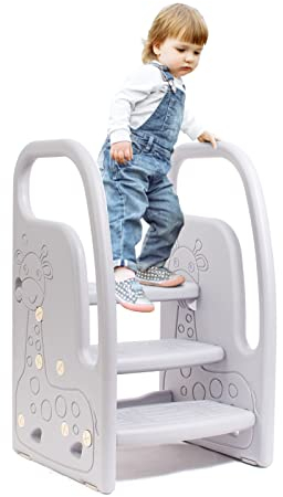 Leogreen Kinder Tritthocker, 3 Stufiger Trittschemel, Höhenverstellbar, mit Zwei-Armlehnen, Kinderschemel aus Kunststoff, für Kinderzimmer, Küche und Badezimmer (Grau)