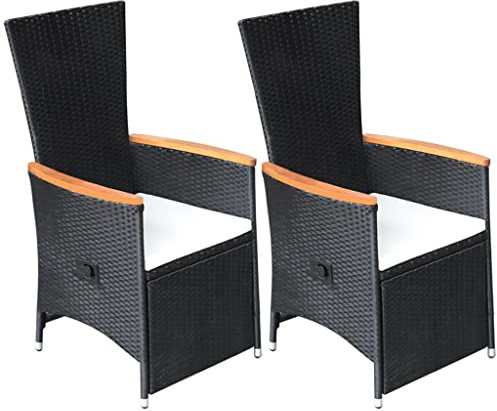 KOIECETA 2X Gartenstuhl mit Auflagen Relaxstuhl Sessel Sonnenliege Stuhl Hochlehner Gartenmöbel Rattansessel Poly Rattan (Verstellbare Rückenlehne und Fußstütze, Schwarz), V4604