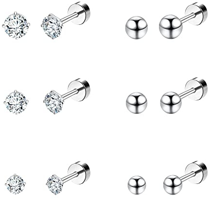 Dochais 6 Paires Titane Boucles D'oreilles Femme Homme, Lot Zyrconium Boucle d Oreille, Cartilage Helix Piercing Ronde Cubique Zircone Boucle D'oreille à Vis à Billes Dos Plat Barbell