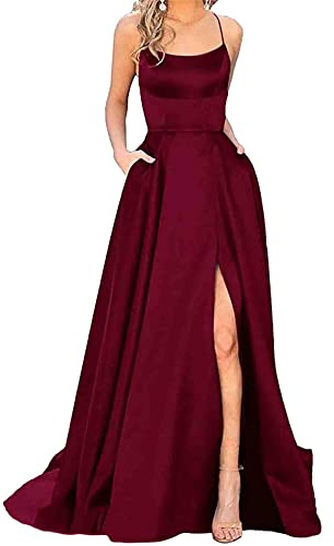 xxxiticat Damer eleganta långa balklänningar med fickor satin A-linje rygglös bröllopsklänning aftonklänningar sexig halterneck spaghetti brudklänning klänningar lång prinsessa brudtärna klänning