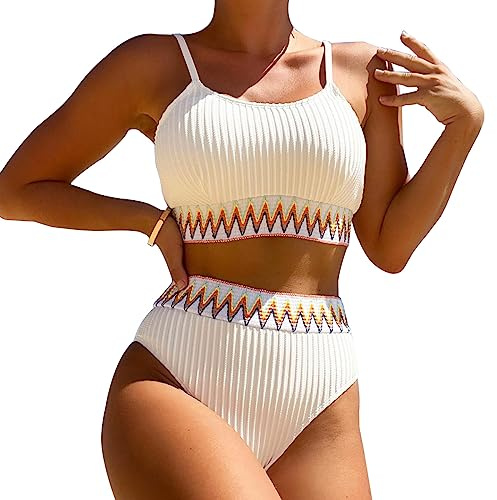KBRPEY Costume da Bagno Donna Un Pezzo Bikini A Vita Alta Bottom Imbottito Reggiseno Bikini Sexy Spiaggia Beachwear Swimwear Bandeau Bikini (Bianco XL)
