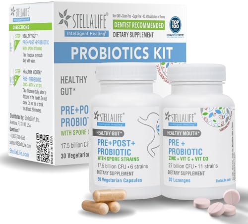 StellaLife Probiotics Oral & Gut Prebiotics Post Probiotics Kit: 44.5B CFU, 11 Oral & 6 Gut Spore strains for Digestive & Dental Health, Bad Breath Treatment, Tongue Hygiene, Strawberry Flavor, 30-day
