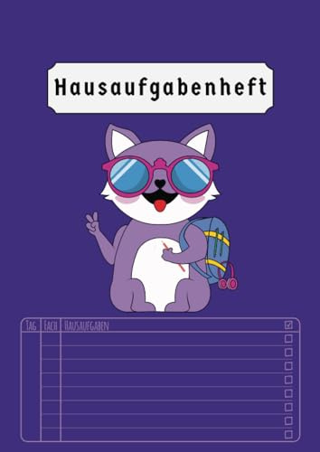 Hausaufgabenheft: Katze Grundschule Mädchen | Din A4 Ohne Datum | Aufgabenheft | 50 Blatt | Version 2023/2024 Lila