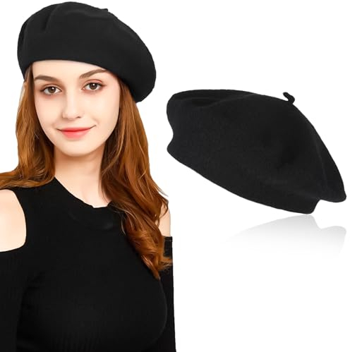 Klassische Französischen Barett Damen, Plain Wolle Baskenmütze Damen, Baskenmütze Im Französische Stil, Künstler Mütze Mode Basken Barett Schwarz für Frühling Herbst Winter Schwarz 56-58cm (Schwarz)
