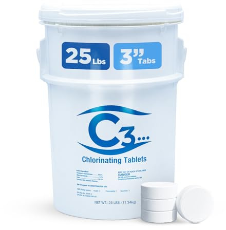 C3… 25 lbs. 3 Stabilized Chlorine Tabs for Swimming Pools | Easy to Use for Above Ground or Inground Pool | Slow Dissolving Individual Chlorinating Tablets | 25 Pound Bucket
