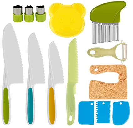 summerkimy 14 Pcs Kitchen Safety Knives for Kids, Kids Knife for Chopping,Toddler Safe Knives Set for Real Cooking with Wood Toddler Safe Cutters,Potato Slicers Grater and Serrated Edges Cutters