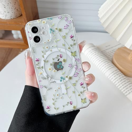RALEAVO Magnetiskt fodral för iPhone 12, kompatibelt med Magsafe, söta blommor, flickor och kvinnor, genomskinligt silikonfodral, stöttåligt skyddande fodral med blommönster för iPhone 12, grenar