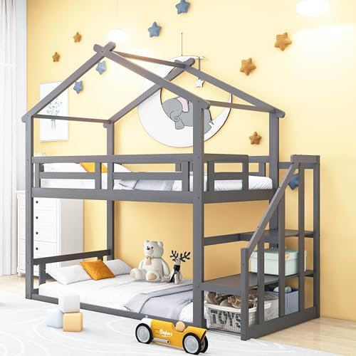 kubeier Etagenbett Kinderbett mit Treppe 90x200 für Kinder, Hochbett mit Treppe Stauraum und Lattenrost, Kinderbetten, Spielbett, Jugendbett für Jungen & Mädchen, ohne matratze, Grau