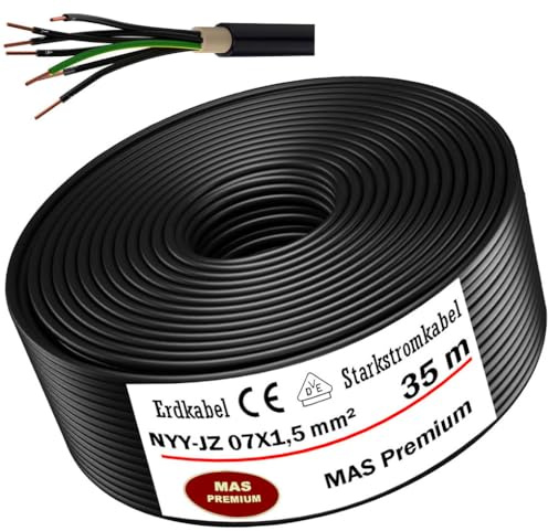 MAS Premium Erdkabel Starkstromkabel 5-100m NYY-JZ 7X1,5, 2,5 oder 4 Elektrokabel Ring zur Verlegung im Freien, Erdreich (NYY-JZ 7X1,5 mm², 35m)