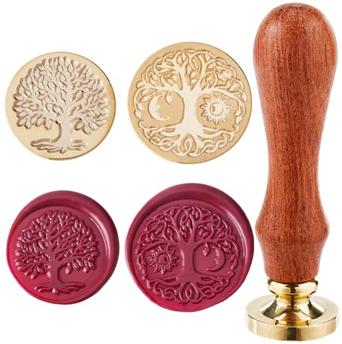 craspire 2 Stile Wachssiegel-Stempelkopf „Baum des Lebens“, 25 mm, Abnehmbarer Messingkopf, Set Mit 1 Holz-Siegelstempelgriffen Für Hochzeit, Geburtstag, Umschläge, Einladungen, Geschenkverpackungen
