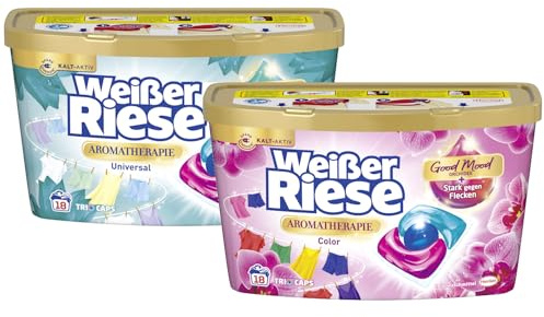 WEISSER RIESE Trio-Caps-Set 2x 18 Waschladungen (36WL) Aromatherapie 1x Color Orchidee & 1x Universal Lotus, mit Good Mood-Duft für unwiderstehlich duftende & strahlend saubere Wäsche