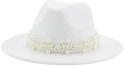SOYNIA Fedora Trilby Filzhut Hut Damenhüte Fedora Breite Krempe Bandgürtel Perle Panama-Fedora Formelle Kirche Hochzeit Luxuriöse Filzhüte 56–58 cm (Erwachsene) Weiß