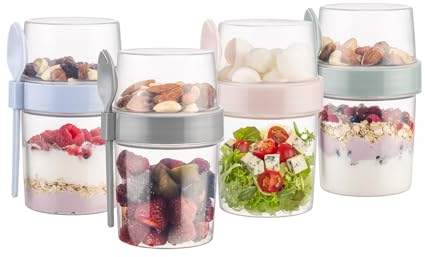 IDOBY Müslibecher to Go 4er-Set, Praktischer Joghurtbecher to go, Unterteilung für Joghurt & Müsli, Cornflakes to Go,%100 BPA-FREI, Perfekt für Schule und Büro, Obstbehälter, mit Löffel 550 ML