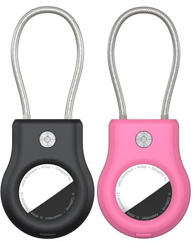 ONEONTA Lot de 2 Porte-clés Airtag avec corde en fil de fer - Compatible avec Apple AirTag, Housse anti-perte ultra-résistante pour bagages, clés, sac à dos, Noir/Rouge