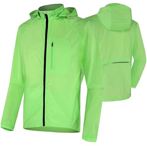 CLMETHE Fahrradjacke mit durchgehendem Reißverschluss für Herren und Damen, Sommer-Regenjacke mit Kapuze, schnelltrocknend, atmungsaktiv, Reittrikot, wasserdichter Fahrradmantel,Green-XL