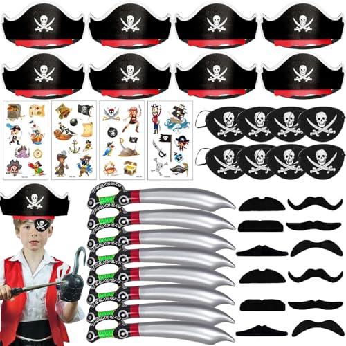 AUNGKWANG 40 Pezzi Regali Per Feste Pirata, Pirata Gonfiabili Giocattolo Cappello da Pirata Benda Sull'occhio Barba Adesivi Pirata Festa dei Pirati Per Carnevale Halloween