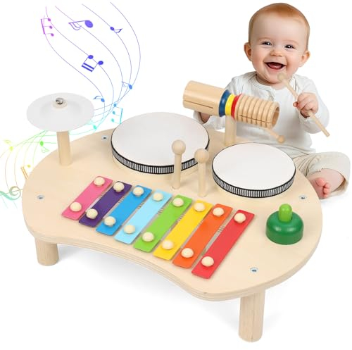 Apritsce Kinder Trommel Set, Musik Kinderspielzeug Aus Holz, Musikinstrumente Baby Set mit Xylophon, Montessori Schlagzeug Spielzeug ab 1 2 3 Jahr, für Ostern Weihnacht Geschenk