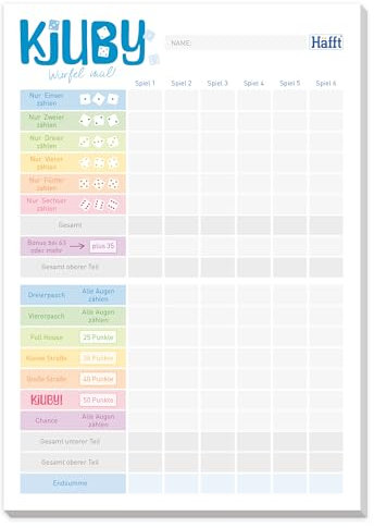 Häfft® Würfelspiel-Block A5 Kjuby Spielblock Würfel für unterwegs oder zuhause, 50 Blatt - nachhaltig & klimafreundlich