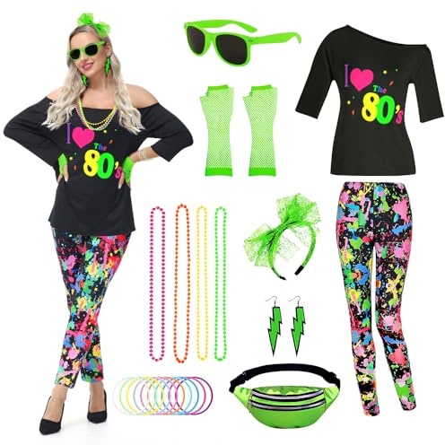 TOLOYE 80-tals maskeraddräkt för kvinnor, neon kostym outfit med tillbehör, 1980-tals t-shirt, pantalon, midjeväska, 80-tals disco maskeradklänning, vintage hippie kostym för karneval och fest