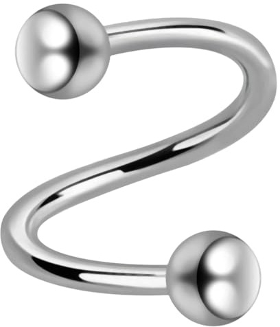 AZARIO LONDON G23 titanio calibro 14 (1,6 mm) bilanciere a spirale con sfera – Piercing per sopracciglio – Orecchio cartilagine – Trago Twisted Barbell, 8mm Length - 4mm Ball, Titanio grado G23,