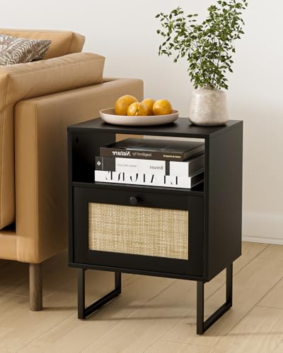 HEYZOEY Grande Table de Chevet bohème - Petite Table de Chevet en rotin - en Bois avec tiroir et étagère en chêne Noir - Table d'appoint pour Chambre à Coucher, Salon, Bureau - Chêne Noir