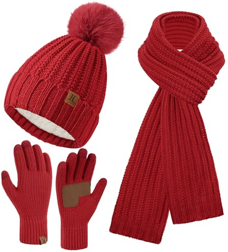 Bequemer Laden Damen Winter Warm Mütze Lang Schal Touchscreen Handschuhe Set, Wintermütze Beanie Strickmütze mit Bommel Schals rutschfeste Winterhandschuhe mit Fleece Gefütterte Geschenk Frauen, Rot