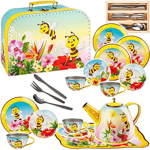 alles-meine.de GmbH 29 TLG. großes Set Picknick Koffer - Puppengeschirr/Kaffeeservice & Teeservice - süße Bienen & Tiere - Tablett & Geschirr aus Blech - Metall - Blechgeschi..