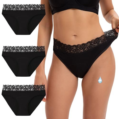INNERSY Slip Ciclo Donna Cotone Mutande Mestruale Nero Mutandine Assorbenti Pizzo Culotte Pacco da 3 (M, 3 Nero)