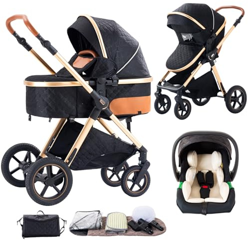 Shineey Kinderwagen 3 in 1,Puppenwagen Buggy Faltbarer Kinderwagen Set, Kombikinderwagen 3 in 1 mit Großer Bequemer Babywanne, Laufwagen Rahmen Aluminiumlegierun (H2 BLACK, H2-D)