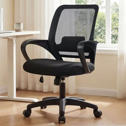 NEO CHAIR Office Desk Ergonomic Computer Mesh Chair with Lumbar Mid Back Support Adjustable Height Swivel Rolling Wheels Comfy Task Vanity Chair for Home Bedroom Study (Black)