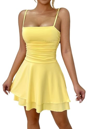 Belriviere Women Sexy Spaghetti Strap Tank Dress Basic Casual Backless A-line Club Party Mini Skater Dress M Yellow