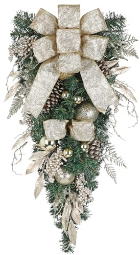 Hollyone Weihnachten Tropfen Girlande 70cm Weihnachtsdeko Teardrop Swag Champagner mit Weihnachtskugeln Beeren Tannenzapfen und Schleife Weihnachtstropfen Hängende Ornamente für Haustür Wand Deko