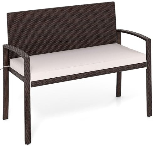 COSTWAY Polyrattan Gartenbank mit Sitzkissen, Balkonbank wetterfest, 2-Sitzer Rattan Sitzbank bis 360 kg belastbar, Terrassenbank für Garten, Balkon und Terrasse, 110 x 56 x 84 cm (Beige)