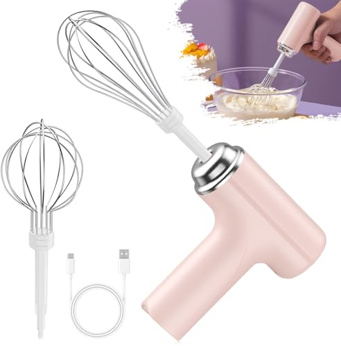 Hand Mixer, LULUWA Handheld Electric Whisk with 3 Speed Modes & Hand Held Egg Beater with 2 Detachable Stir Whisks (Pink)