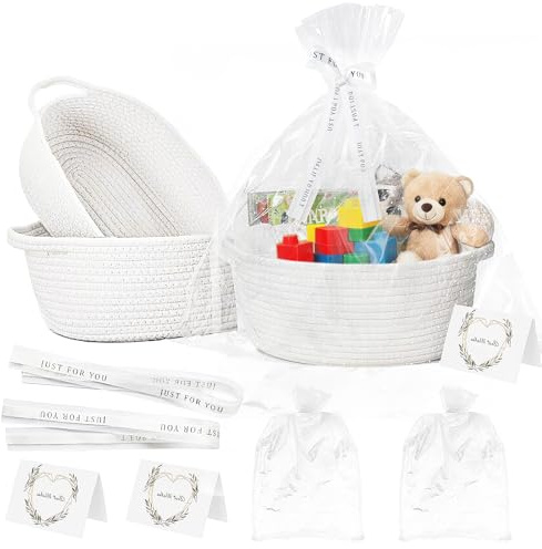 3Pcs White Woven Gift Hamper Baskets Set with Cellophane Bags, Greeting Card & Ribbon – Elegant Cotton Rope Storage Baskets for Wedding, Baby Shower, Birthday, Christmas, Easter (12x8x5)