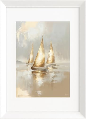 STYLER Wandbild Gilded Boats 50 x 70 cm – Gerahmtes Bild mit Segelbooten – Goldene Segel auf MDF mit weißem Rahmen