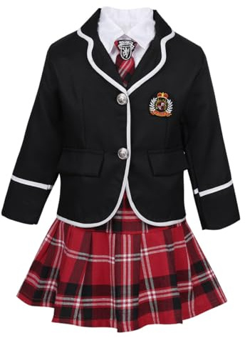 Yruioon Enfants Filles 4 Pièces Uniforme Scolaire à Manches Longues Blazer Veste avec Chemise Habillée Mini Jupe à Carreaux Cravate Ensemble 4-14 Ans Noir 8-10 Ans