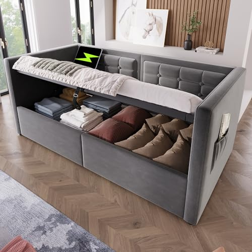 Merax Polsterbett Schlafsofa 90x200cm, Sofabett Einzelbett mit Hydraulischem Stauraum, Tagesbett für Schlafzimmer Wohnzimmer, Armlehnen mit Ladefunktion, Samt, Holzlattenrost, Ohne Matratze, Grau