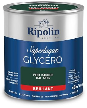 RIPOLIN Boiseries et Structures Métalliques Vert Basque Ral 6005 0,5 L | Tendu, Résistance Accrue, Très Lessivable, Résistance aux Taches, Finition Brillante, Intérieur/Extérieur, Brillant
