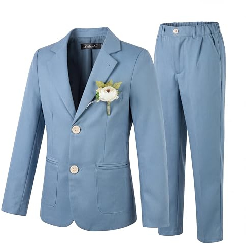 LOLANTA 2PCS Boys Linen Suit Jacket Trousers Set, Kids Linen Formal Suit Blazer & Trousers Set, Wedding Christening Ceremony Prom Suits Birthday Party Pageboy Outfit, HazeBlue, 12-13 Years, 160