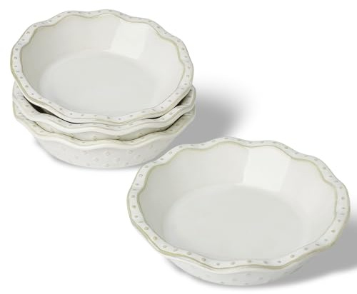 QUXIJA Ceramic Pie Pan, 5.8 Inch Ceramic Pie Plate Pie for Quiche, Tart, Pot Pies, Farmhouse Kitchen Decor, Microwave & Freezer Safe, Set of 4 (Vintage White)